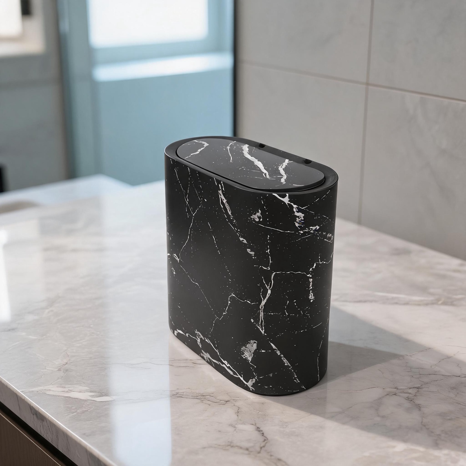 Marble Pattern Slim Trash Can  - Home Bathroom Trash Can ulasan dan harga